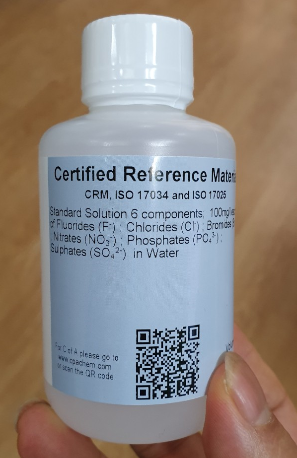 Dung dịch chuẩn IC 100 mg/L 6 thành phần  Fluorides (F-); Chlorides (Cl-); Bromides (Br-); Nitrates (NO3-); Phosphates (PO43-); Sulphates (SO42-), ISO 17034, 17025